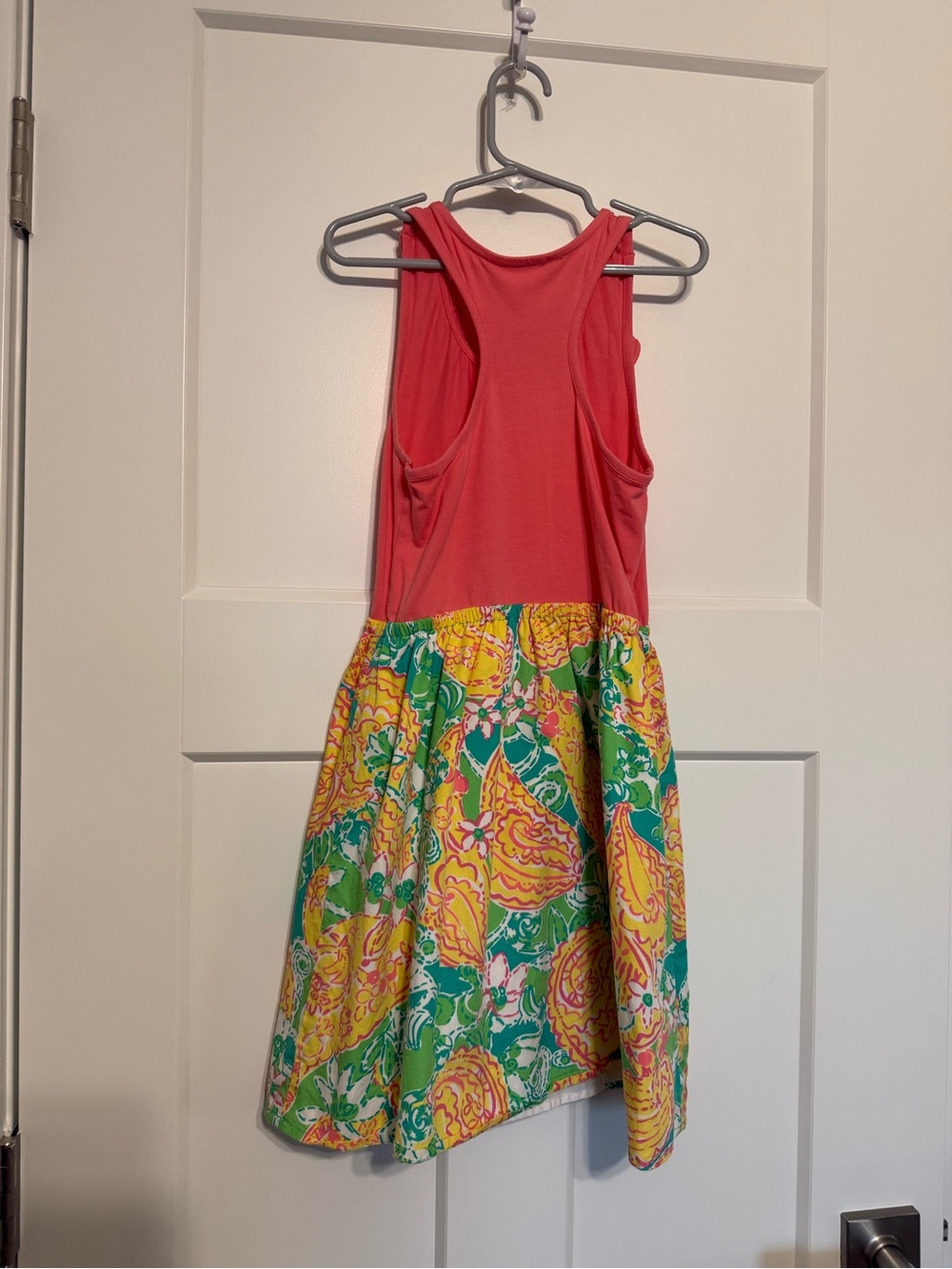 Lilly Pulitzer Coral Ruffle Tank Dress with Yellow & Green Floral Skirt - Picture 3 of 4